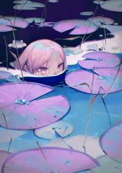 Rule 34 | 1other, androgynous, animal, copyright request, covered mouth, eyelashes, facial mark, forehead mark, frog, gekichuu youkai, hair between eyes, hair over one eye, highres, lily pad, looking away, nature, partially submerged, pink eyes, pink hair, pink theme, pond, purple eyes, solo, swimming, water, water drop
