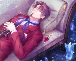 Rule 34 | 1boy, @co, azoth knife, bad id, bad pixiv id, brown hair, crystal, facial hair, fate/zero, fate (series), formal, gem, goatee, jewelry, locket, male focus, necklace, pendant, sleeping, solo, suit, tohsaka tokiomi