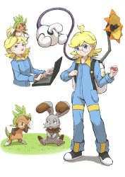 Rule 34 | 1boy, absurdres, ahoge, backpack, bag, black footwear, blonde hair, blue jumpsuit, bunnelby, chespin, clemont (pokemon), commentary request, computer, creatures (company), eko000ohce, game freak, gen 6 pokemon, glasses, grass, highres, holding, holding poke ball, jumpsuit, laptop, long sleeves, male focus, mechanical arms, medium hair, nintendo, on head, poke ball, poke ball (basic), pokemon, pokemon (anime), pokemon (creature), pokemon on head, pokemon xy (anime), round eyewear, shoes, squinting, standing, white bag