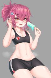 Rule 34 | 1boy, absurdres, blush, bulge, commission, dot zack, food, grey background, hair between eyes, highres, ice cream, long hair, looking at viewer, male focus, mole, mole under eye, original, pink hair, popsicle, simple background, solo, steaming body, sweat, thighs, trap, yellow eyes
