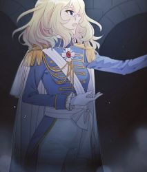 Rule 34 | aiguillette, april tada, blonde hair, blue eyes, blue jacket, capelet, coattails, commentary, cosplay, cowboy shot, epaulettes, frilled sleeves, frills, frown, girls und panzer, gloves, highres, jacket, long sleeves, looking to the side, medium hair, messy hair, military, military uniform, open mouth, oscar francois de jarjayes, oscar francois de jarjayes (cosplay), oshida (girls und panzer), pants, solo, standing, uniform, versailles no bara, white capelet, white gloves, white pants