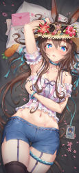 Rule 34 | 1girl, amiya (arknights), animal ears, arknights, arm up, armpits, bare shoulders, black thighhighs, blue eyes, blue shorts, bracelet, breasts, brown hair, camisole, carrot, catxuan, chinese commentary, cleavage, collarbone, commentary request, detached sleeves, drooling, eyewear on head, flower, garter straps, hair between eyes, hat, hat flower, heart, heart-shaped pupils, highres, jewelry, letter, looking at viewer, medium breasts, midriff, navel, neck ring, parted lips, petals, puffy short sleeves, puffy sleeves, rabbit ears, red flower, short shorts, short sleeves, shorts, solo, spaghetti strap, stomach, striped, sun hat, sunglasses, sunglasses on head, symbol-shaped pupils, thighhighs, thighlet, thighs, vertical stripes