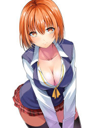 Rule 34 | 1girl, attsun (atsushi jb), black thighhighs, breasts, cleavage, collarbone, downblouse, highres, large breasts, leaning forward, looking at viewer, orange eyes, orange hair, original, plaid, plaid skirt, pleated skirt, school uniform, short hair, simple background, skirt, smile, solo, sweater vest, thighhighs, v arms, white background, zettai ryouiki