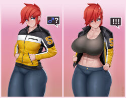 Rule 34 | !, !!, 1girl, ?, abs, artist name, blue eyes, blue pants, breasts, cleavage, earrings, hands in pockets, highres, jacket, jewelry, large breasts, mars symbol, motion lines, multicolored clothes, multicolored jacket, navel, open clothes, open jacket, original, pants, red hair, short hair, solo, spoken exclamation mark, spoken question mark, sports bra, zask, zipper, zipper pull tab