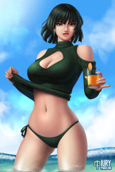 Rule 34 | 1girl, artist name, bare shoulders, bikini, bikini bottom only, black hair, blue sky, breasts, cleavage, cleavage cutout, clothes lift, clothing cutout, cloud, day, dress, drink, earrings, fubuki (one-punch man), glass, green bikini, green eyes, iury padilha, jewelry, large breasts, lifted by self, meme attire, navel, ocean, one-punch man, open-chest sweater, pinky out, short hair, side-tie bikini bottom, side-tie bottom, sky, smile, solo, sweater, sweater dress, sweater lift, swimsuit, wading