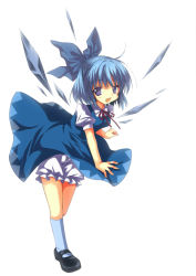 Rule 34 | 1girl, bloomers, blue dress, blue eyes, blue hair, bow, cirno, dress, full body, hair bow, ice, ice wings, looking at viewer, mary janes, matching hair/eyes, open mouth, puffy sleeves, shirt, shoes, short sleeves, simple background, smile, solo, touhou, underwear, white background, wind, wind lift, wings, yutamitan
