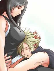 Rule 34 | 1boy, 1girl, bare arms, bare shoulders, black hair, blonde hair, breasts, closed eyes, cloud strife, couple, crop top, earrings, final fantasy, final fantasy vii, final fantasy vii advent children, hand on another&#039;s head, highres, hug, jewelry, large breasts, long hair, looking at another, mapcvt, parted lips, red eyes, resting, simple background, sitting, sleeveless, spiked hair, square enix, tifa lockhart, undershirt