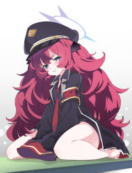 Rule 34 | 1girl, barefoot, black eyes, black hat, black jacket, blue archive, blush, clenched teeth, commentary, gradient background, grey background, halo, hat, iroha (blue archive), ixy, jacket, legs, long hair, long sleeves, looking at viewer, necktie, red hair, red necktie, sitting, sleeves past fingers, sleeves past wrists, smile, solo, teeth