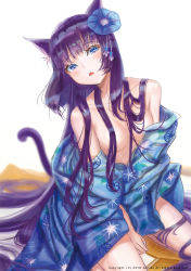 Rule 34 | 1girl, animal ears, bare shoulders, blue eyes, blurry, breasts, cat ears, cleavage, collarbone, fangs, flower, hair censor, hair flower, hair ornament, hair over breasts, hou no ka, japanese clothes, kimono, long hair, looking at viewer, medium breasts, open mouth, original, purple hair, simple background, sitting, solo, tail, tail raised, upper body, wariza, white background, yukata