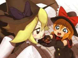 Rule 34 | 2girls, black capelet, black eyes, black gloves, black vest, blonde hair, blue eyes, blush, blush stickers, bow, bowtie, bright pupils, buttons, capelet, checkerboard cookie, commentary, cookie, cookie (touhou), cowboy shot, elbow gloves, feeding, food, gloves, hair between eyes, hat, hat bow, holding, holding food, kirisame marisa, koiso usu, looking at another, meguru (cookie), multiple girls, open mouth, orange hair, purple bow, red bow, red bowtie, short hair, sleeves past fingers, sleeves past wrists, smile, touhou, vest, white pupils, witch hat, yuuhi (cookie)