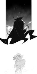 1boy 1girl carrying collared_cape father_and_daughter greyscale grin hat high_collar highres hug monochrome multicolored_hair one_piece princess_carry rami_rz shanks_(one_piece) shoes smile split-color_hair teeth uta_(one_piece)