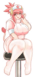 Rule 34 | 1girl, animal ears, blush, breasts, cow ears, cow girl, curvy, feet, hat, large breasts, muhyowo, no shoes, nurse, nurse cap, open mouth, original, pantyhose, pink eyes, pink hair, pink theme, plump, red eyes, red hair, simple background, sitting, smile, solo, stool, tail, toes, white background, white pantyhose