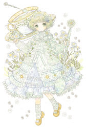 Rule 34 | 1girl, blonde hair, blunt bangs, bow, chamomile, cup, dress, floral print, flower, frilled dress, frills, full body, green eyes, hair ornament, hairband, holding, holding spoon, long sleeves, looking at viewer, milk tea, original, oversized object, personification, saucer, short hair, simple background, socks, solo, spoon, standing, takanashi tsubasa, tea, teacup, teaspoon, white background, white bow, white dress, white hairband, yellow footwear