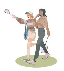 Rule 34 | 2girls, archived source, bad id, bad twitter id, badminton racket, black hair, blunt bangs, commentary request, highres, holding, jewelry, korean commentary, looking to the side, mulmulgogibbq, multiple girls, nami (one piece), necklace, nico robin, one piece, orange hair, pants, racket, shoes, short hair, shorts, simple background, smile, sneakers, walking, white background