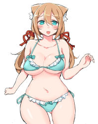 Rule 34 | 1girl, animal ears, aqua bikini, aqua eyes, bikini, blush, bouncing breasts, breasts, brown hair, cat ears, cat girl, cleavage, collarbone, female focus, hair ribbon, highres, large breasts, long hair, looking at viewer, low twintails, navel, open mouth, original, plump, ribbon, side-tie bikini bottom, simple background, smile, solo, swimsuit, twintails, underboob, white background, wide hips, zenn