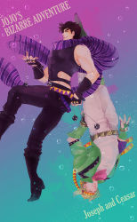 Rule 34 | 2boys, bare shoulders, battle tendency, belt, black hair, black pants, blonde hair, bola (weapon), boots, bubble, caesar anthonio zeppeli, character name, copyright name, cropped jacket, facial mark, feather hair ornament, feathers, fingerless gloves, gloves, gradient background, green footwear, green jacket, hair ornament, headband, jacket, jojo no kimyou na bouken, joseph joestar, joseph joestar (young), knee pads, male focus, midriff, multiple boys, pants, polon55, ribbon, scarf, shirt, shoes, sleeveless, striped clothes, striped scarf, weapon, white pants, white shirt