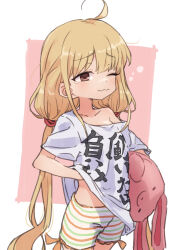 Rule 34 | 1girl, ahoge, blonde hair, blush, border, brown eyes, closed mouth, collarbone, dot nose, flat chest, futaba anzu, gazacy (dai), hair tie, highres, holding, holding stuffed toy, idolmaster, idolmaster cinderella girls, idolmaster cinderella girls starlight stage, long hair, looking at another, low twintails, midriff peek, one eye closed, outside border, pink background, print shirt, shirt, short sleeves, shorts, simple background, single bare shoulder, single off shoulder, single tear, sleepy, solo, striped clothes, striped shorts, stuffed animal, stuffed rabbit, stuffed toy, text print, twintails, two-tone shorts, very long hair, wavy mouth, white border, white shirt