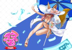 Rule 34 | 10s, 1girl, abazu-red, animal ear fluff, animal ears, beach umbrella, bikini, blue bikini, blurry, blurry foreground, bow, breasts, cleavage, coat, commentary request, depth of field, ears through headwear, english text, fang, fate/extra, fate/grand order, fate (series), fox ears, fox tail, hat, hat bow, holding, holding umbrella, kanji, leg up, long hair, medium breasts, ofuda, open clothes, open coat, open mouth, pink hair, red neckwear, sandals, side-tie bikini bottom, simple background, smile, solo, standing, standing on one leg, string bikini, striped, striped bow, sun hat, swimsuit, tail, tamamo (fate), tamamo no mae (fate/extra), tamamo no mae (swimsuit lancer) (fate), tamamo no mae (swimsuit lancer) (third ascension) (fate), umbrella, white coat, white hat, wristband, yellow eyes