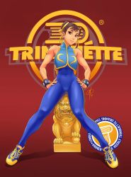 Rule 34 | 1990s (style), 1girl, alternate costume, bodysuit, brown eyes, brown hair, capcom, chinese clothes, chun-li, double bun, eyeliner, female focus, full body, gradient background, hair bun, hair ribbon, highres, makeup, md5 mismatch, polarityplus, resized, resolution mismatch, retro artstyle, ribbon, shoes, sneakers, solo, source smaller, spandex, statue, street fighter, street fighter zero (series), studded bracelet, toned, upscaled