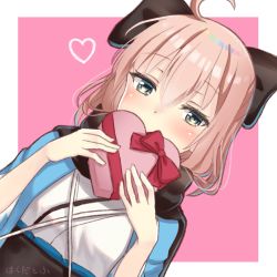 Rule 34 | 1girl, ahoge, black bow, black scarf, blush, bow, box, commentary request, covering own mouth, dutch angle, fate/grand order, fate (series), grey eyes, hair between eyes, hair bow, hakuda tofu, haori, heart, heart-shaped box, highres, holding, holding box, japanese clothes, kimono, looking at viewer, obi, okita souji (fate), okita souji (koha-ace), pink background, pink hair, red ribbon, ribbon, sash, scarf, short hair, solo, two-tone background, upper body, valentine, white background, white kimono