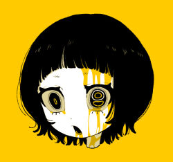 Rule 34 | 1girl, black hair, bleeding from forehead, blood, blood on face, blunt bangs, close-up, colored skin, commentary request, extra pupils, limited palette, open mouth, original, panda23577667, short hair, simple background, solo, white skin, yellow background, yellow theme