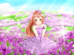 Rule 34 | 1girl, bare shoulders, blue sky, brown hair, day, dress, field, flower, frilled dress, frills, gloves, hair flower, hair ornament, idolmaster, idolmaster cinderella girls, idolmaster cinderella girls starlight stage, jewelry, long hair, looking at viewer, necklace, outdoors, ponytail, purple dress, purple flower, purple gloves, sky, smile, solo, tttte toku0000, wakabayashi tomoka, yellow eyes