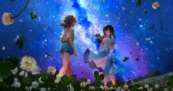 Rule 34 | 2girls, blue dress, blue eyes, blue shorts, brown eyes, brown hair, character request, closed mouth, clover, copyright request, dress, field, floating hair, flower, flower field, flower wreath, four-leaf clover, hair between eyes, hair bun, head wreath, head wreath removed, holding, long hair, mountain, multiple girls, night, night sky, pleated dress, saihate (d3), shirt, short shorts, short sleeves, shorts, sky, standing, star (sky), starry sky, suspender shorts, suspenders, vocaloid, white flower, yellow shirt