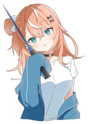Rule 34 | 1girl, :p, black choker, blue eyes, blue jacket, choker, closed mouth, cropped torso, earrings, fishing rod, h (eitilog), hair between eyes, hair bun, hand up, head tilt, highres, holding, holding fishing rod, igarashi rika, jacket, jewelry, long hair, looking at viewer, multicolored hair, nijisanji, o-ring, o-ring choker, off shoulder, open clothes, open jacket, shirt, short sleeves, simple background, single side bun, sleeves past fingers, sleeves past wrists, smile, solo, streaked hair, t-shirt, tongue, tongue out, twitter username, upper body, variant set, virtual youtuber, white background, white hair, white shirt