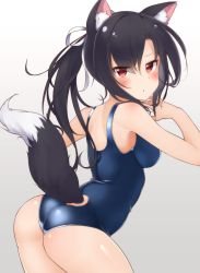 Rule 34 | 1girl, :o, animal ears, ass, azur lane, bare shoulders, black hair, blue one-piece swimsuit, breasts, grey background, hechi (hechi322), long hair, looking at viewer, looking back, medium breasts, one-piece swimsuit, ponytail, red eyes, ribbon, school swimsuit, shigure (attack i-490!) (azur lane), shigure (azur lane), solo, swimsuit, tail, white ribbon, wolf ears, wolf tail