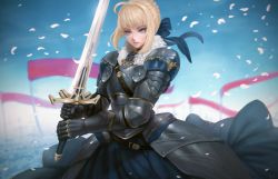 Rule 34 | ahoge, armor, artnohearts, artoria pendragon (all), artoria pendragon (fate), banner, belt, blonde hair, blue eyes, bow, braid, couter, excalibur (fate/stay night), eyelashes, fate (series), fur trim, gauntlets, hair bow, highres, lips, parted lips, pauldrons, petals, saber (fate), shoulder armor, solo, sword, weapon, wind