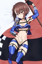 Rule 34 | 1girl, alternate costume, arm up, azur lane, baltimore (azur lane), baltimore (azur lane) (cosplay), baltimore (finish line flagbearer) (azur lane), bikini, black bikini, black choker, black gloves, blue bikini, blue jacket, blue sky, blue thighhighs, breasts, brown eyes, brown hair, choker, commentary, commission, cosplay, flag, from above, garter straps, girls und panzer, gloves, holding, holding flag, jacket, kayabakoro, knee up, large breasts, long sleeves, looking at viewer, lying, microskirt, mismatched bikini, navel, nishizumi maho, on back, parted lips, pixiv commission, race queen, short hair, shrug (clothing), skirt, sky, solo, swimsuit, thighhighs, white flag