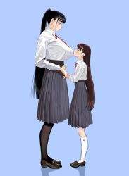 Rule 34 | 2girls, blue background, blush, breasts, character request, couple, flat chest, full body, height difference, highres, hiramedousa, huge breasts, light blue background, long hair, looking down, looking up, multiple girls, neck ribbon, open mouth, pantyhose, pleated skirt, ponytail, profile, ribbon, school uniform, shadow, simple background, size difference, skirt, socks, spade (shape), yuri