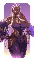 Rule 34 | 1girl, body markings, braid, breasts, cornrows, dark-skinned female, dark skin, dolores (kof), glasses, hand on own hip, highres, jewelry, kitsune23star, large breasts, legs together, multicolored hair, multiple braids, nail polish, necklace, purple nails, snk, solo, standing, the king of fighters, the king of fighters xv, yellow-framed eyewear