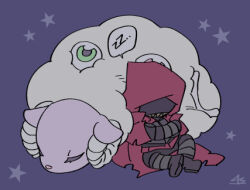 Rule 34 | 1girl, black footwear, boots, cape, capelet, crossed arms, extra eyes, force (4sk force), hood, hooded capelet, little red riding hooded mercenary, lobotomy corporation, lowres, project moon, purple background, red cape, red capelet, sharp teeth, sheep, simple background, sitting, sleeping, solo, star (symbol), teeth, void dream