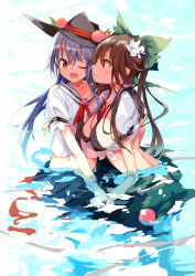 Rule 34 | 2girls, bikini, black bikini, black hat, blue hair, bow, breasts, brown hair, collared shirt, eye contact, flower, food, fruit, green bow, green skirt, hair bow, hair flower, hair ornament, hat, hinanawi tenshi, holding hands, large breasts, long hair, looking at another, multiple girls, open mouth, partially submerged, peach, red eyes, reiuji utsuho, shirt, skirt, smile, swimsuit, tetsurou (fe+), third eye, tied shirt, touhou, white flower, white shirt, wing collar