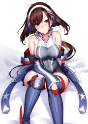 Rule 34 | 1girl, ahoge, american flag, american flag print, azur lane, bare shoulders, black skirt, blue jacket, blue thighhighs, blush, boots, breasts, brown hair, closed mouth, collarbone, covered navel, embarrassed, flag print, floating hair, frown, gloves, hairband, half gloves, head tilt, high collar, highres, independence (azur lane), jacket, ken ill, knee pads, large breasts, long hair, looking at viewer, low ponytail, mole, mole on thigh, off shoulder, pleated skirt, red eyes, red gloves, sidelocks, simple background, single knee pad, single thigh boot, skindentation, skirt, sleeveless, sleeveless jacket, solo, taut jacket, thigh boots, thighhighs, white background