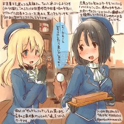 Rule 34 | 10s, 2girls, :d, admiral (kancolle), animal, arrow (symbol), artist self-insert, ascot, atago (kancolle), beret, black gloves, black hair, blonde hair, blue eyes, blush, bookshelf, box, brown hair, buttons, curtains, dated, gloves, hamster, hat, holding, indoors, kantai collection, kirisawa juuzou, long hair, long sleeves, looking at another, military, military uniform, multiple girls, non-human admiral (kancolle), numbered, open mouth, own hands together, peaked cap, short hair, smile, speech bubble, takao (kancolle), translation request, twitter username, uniform