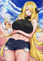 Rule 34 | 1girl, arm under breasts, bare shoulders, black shirt, blonde hair, blue eyes, blush, breasts, bubble tea, chie00chan, cowboy shot, creatures (company), crop top, cutoffs, cynthia (pokemon), denim, denim shorts, drink, dutch angle, exposed pocket, game freak, grey eyes, grin, hair over one eye, large breasts, long hair, looking at viewer, midriff, nail polish, navel, nintendo, petals, pokemon, pokemon dppt, ribbed shirt, shirt, short shorts, shorts, sideboob, sidelocks, sky, sleeveless, sleeveless shirt, smile, solo, taut clothes, taut shirt, thick thighs, thighs, turtleneck, very long hair