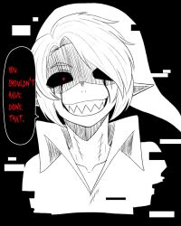 Rule 34 | 1boy, ben drowned, black background, creepypasta, english text, glitch, hatching (texture), highres, horror (theme), iamghostskull, looking at viewer, monochrome, pointy ears, red eyes, sharp teeth, simple background, smile, speech bubble, teeth