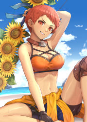 Rule 34 | 1girl, absurdres, alternate costume, arm up, armpits, bad id, bad pixiv id, bare arms, bare shoulders, bike shorts, bikini, bikini top only, blue sky, breasts, cleavage, clothes around waist, collarbone, day, feet out of frame, fire emblem, fire emblem: three houses, fire emblem heroes, flower, gonzarez, grin, highres, holding, holding sword, holding weapon, jewelry, knee pads, leonie pinelli, looking at viewer, medium breasts, navel, necklace, nintendo, orange bikini, outdoors, parted lips, red eyes, red hair, short hair, sitting, sky, smile, solo, stomach, sunflower, sweat, swimsuit, sword, v-shaped eyebrows, weapon, yellow flower