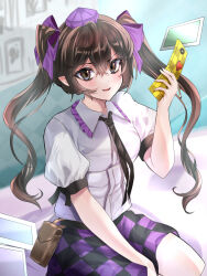 Rule 34 | 1girl, absurdres, brown eyes, brown hair, hat, highres, himekaidou hatate, holding, holding phone, indoors, looking at viewer, nyarocks, phone, plaid, plaid skirt, pointy ears, puffy short sleeves, puffy sleeves, purple hat, purple skirt, shirt, short sleeves, sitting, skirt, solo, tokin hat, touhou, twintails, white shirt