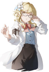 :o absurdres adjusting_eyewear arm_pouch black-framed_eyewear blonde_hair blue_shirt bow bowtie commentary_request cowboy_shot fingernails flower genshin_impact glasses hair_flower hair_ornament hand_up haru_same322 highres lab_coat looking_at_viewer lumine_(genshin_impact) lumine_(marechaussee_hunter)_(genshin_impact) official_alternate_costume red_bow red_bowtie semi-rimless_eyewear shirt short_hair_with_long_locks simple_background white_background yellow_eyes