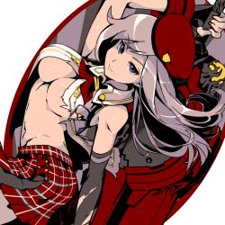 Rule 34 | 10s, 1girl, alisa ilinichina amiella, arm up, black gloves, blue eyes, breasts, brown hair, fingerless gloves, gloves, god eater, god eater 2: rage burst, hat, huge weapon, large breasts, long hair, pink hair, plaid, plaid skirt, skirt, solo, torn clothes, transpot nonoko, underboob, weapon, white background