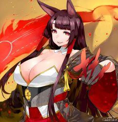 Rule 34 | 1girl, akagi (azur lane), animal ears, azur lane, breasts, brown hair, cleavage, dated, detached collar, fox ears, fox girl, happa (cloverppd), holding, japanese clothes, large breasts, long hair, looking at viewer, parted lips, red eyes, shikigami, sidelocks, signature, simple background, solo, upper body, very long hair, wide sleeves