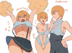 1girl alternate_costume bare_shoulders blonde_hair blush breasts cheerleader cleavage cleavage_cutout closed_mouth clothing_cutout don_quixote_(project_moon) english_text fang fangs from_below grey_sweater grey_tank_top hand_on_own_hip highres holding holding_pom_poms jumping large_breasts looking_at_viewer mole mole_on_breast mole_on_thigh multiple_views navel no_bra no_pants pants pom_pom_(cheerleading) pom_poms project_moon shirt short_hair sideboob simple_background skin_fangs skirt smile solo suspender_skirt suspenders sweater tank_top turtleneck turtleneck_sweater underboob white_background white_shirt yellow_eyes yellow_pom_poms yongsadragon