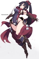 Rule 34 | 1girl, black hair, breasts, brown eyes, commentary request, copyright name, covered erect nipples, fate/grand order, fate (series), gradient background, grey background, hair ribbon, highres, holding, karukan (monjya), katou danzou (fate), long hair, looking at viewer, md5 mismatch, mecha musume, medium breasts, open mouth, outstretched arms, petals, ponytail, resolution mismatch, ribbon, solo, source smaller, spread arms, sword, weapon, white background