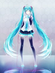 Rule 34 | 1055, 1girl, absurdres, ahoge, arm at side, black footwear, black skirt, blue necktie, blush, boots, cable, character name, closed mouth, detached sleeves, full body, hatsune miku, headset, hexagon, highres, holding, holding microphone, legs apart, long hair, long sleeves, looking at viewer, microphone, miniskirt, necktie, pleated skirt, reflection, reflective floor, shirt, skindentation, skirt, smile, solo, sparkle, standing, swept bangs, thigh boots, thighhighs, twintails, very long hair, vocaloid, white shirt, wide sleeves, zettai ryouiki