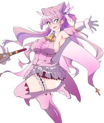 Rule 34 | 1girl, alternate costume, boots, breasts, covered navel, gloves, hair behind ear, hair ears, halterneck, halterneck, highres, holding, holding wand, large breasts, long hair, magical girl, maria cadenzavna eve, mochi hanpen, open hand, open mouth, pink footwear, pink hair, pink skirt, senki zesshou symphogear, sideboob, skirt, solo, thigh boots, thigh strap, thighhighs, v-shaped eyebrows, wand, white gloves