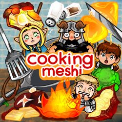Rule 34 | 1girl, 3boys, bread, chilchuck tims, cooking, cooking mama, dungeon meshi, food, frying pan, highres, kitchen knife, knife, laios touden, looking at viewer, marcille donato, multiple boys, open mouth, parody, salt, senshi (dungeon meshi), serhawke, staff