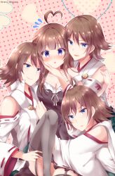 Rule 34 | 4girls, ahoge, bad id, bad pixiv id, bare shoulders, black dress, blue eyes, blush, breasts, brown hair, cleavage, dress, flying sweatdrops, garter straps, girl sandwich, grey legwear, hand on another&#039;s cheek, hand on another&#039;s face, heart, heart ahoge, hiei (kancolle), kantai collection, kongou (kancolle), long hair, looking at viewer, medium breasts, multiple girls, no headwear, nontraditional miko, open mouth, purple eyes, sakura romu, sandwiched, short hair, skirt, smile, smirk, thighhighs, yuri